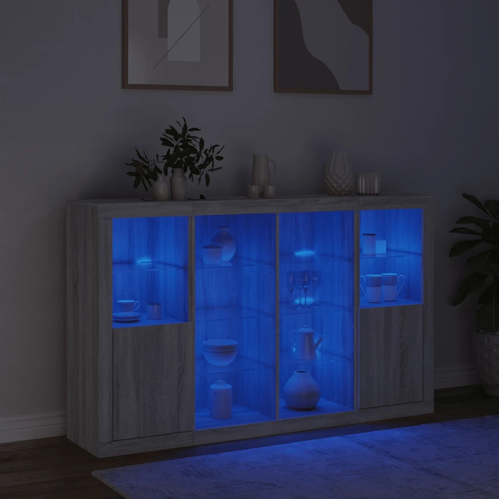 Credenze con Luci LED 3 pz | Madia | Buffet da pranzo | Armadio da pranzo Grigio Sonoma in Legno Multistrato