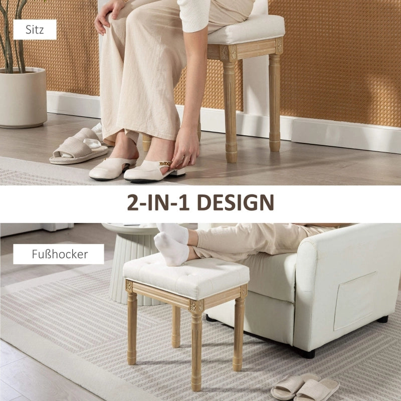 Pouf imbottito in tessuto effetto lino con gambe in legno e portata 120 kg beige 42 × 32 × 46,5 cm