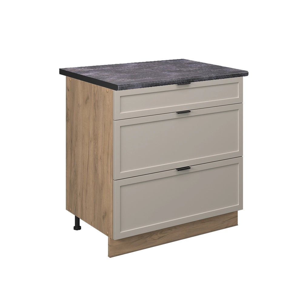 Mobiletto base per cucina Fame-Line GrigioBeige/Rovere dorato 80 cm con 3 cassetti, PL Antracite Vicco