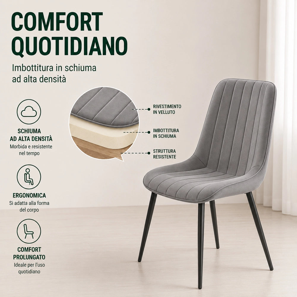 Set 4 Sedie da Pranzo Grigio in Velluto Seduta Ergonomica e Struttura Acciaio