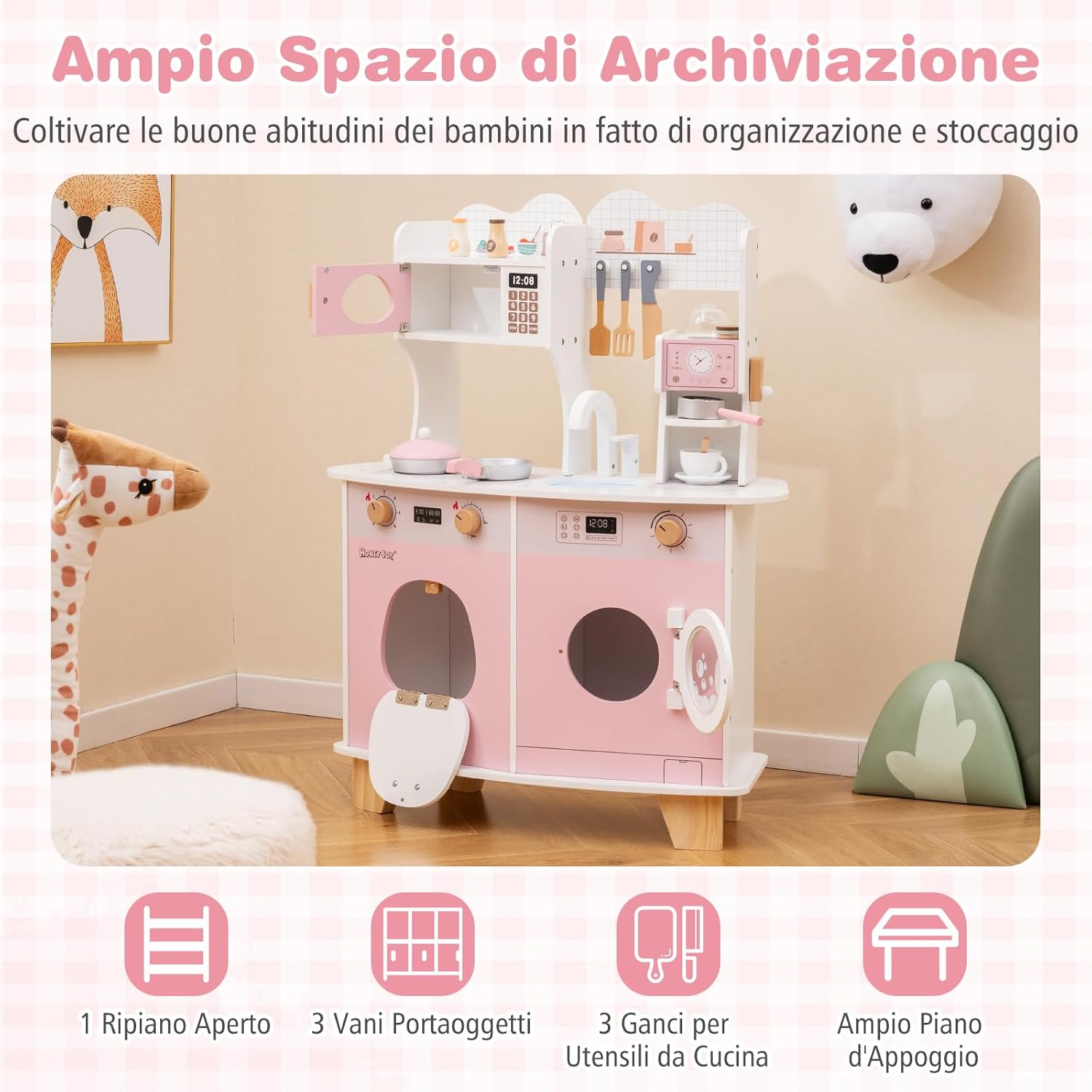 Cucina Giocattolo con Macchina da Caffè, Forno e Lavatrice, Cucina per Bambini in Legno con Microonde e Lavandino, Set Cucina con 13 Accessori, 70 x 30 x 88 cm, per Bambini 3+ Anni