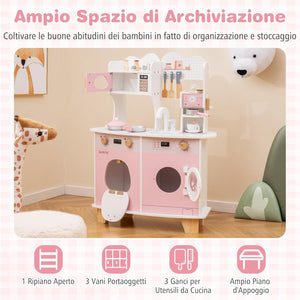 Cucina Giocattolo con Macchina da Caffè, Forno e Lavatrice, Cucina per Bambini in Legno con Microonde e Lavandino, Set Cucina con 13 Accessori, 70 x 30 x 88 cm, per Bambini 3+ Anni