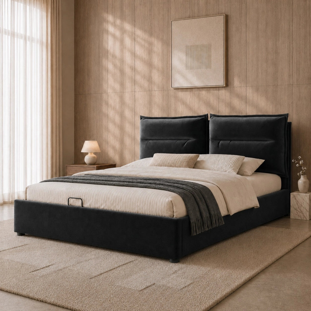 Letto matrimoniale idraulico – 140x200 cm – testiera regolabile contenitore – velluto nero