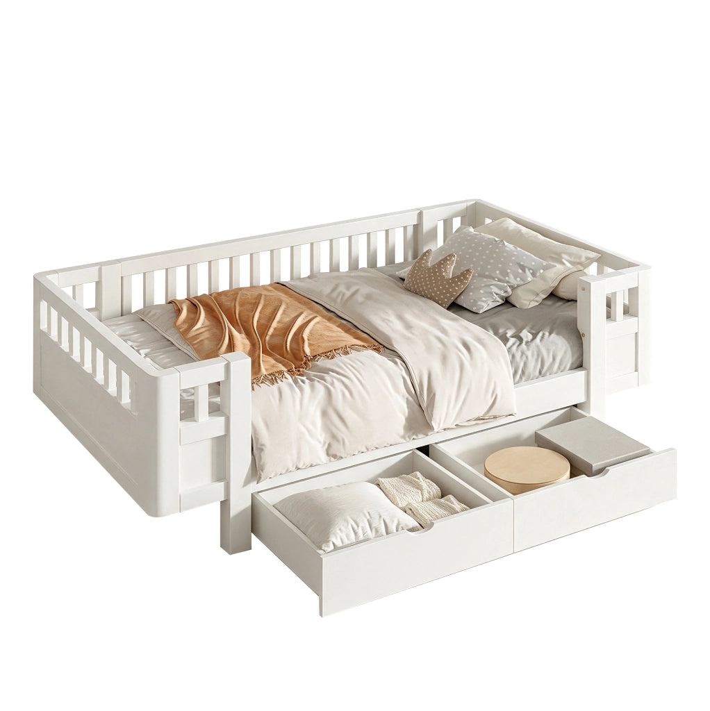 Letto a piattaforma per bambini 90x200 cm con sponde alte protettive e due ampi cassetti, bianco
