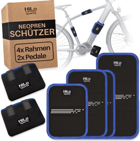 Set di protezione per bicicletta sportiva - [4x protezioni per telaio e 2x protezioni per pedali] - Adatto per tutti i diametri di telaio da 5 a 28 cm - Protezione per bicicletta elettrica e bicicletta con riflettori (nero - blu)