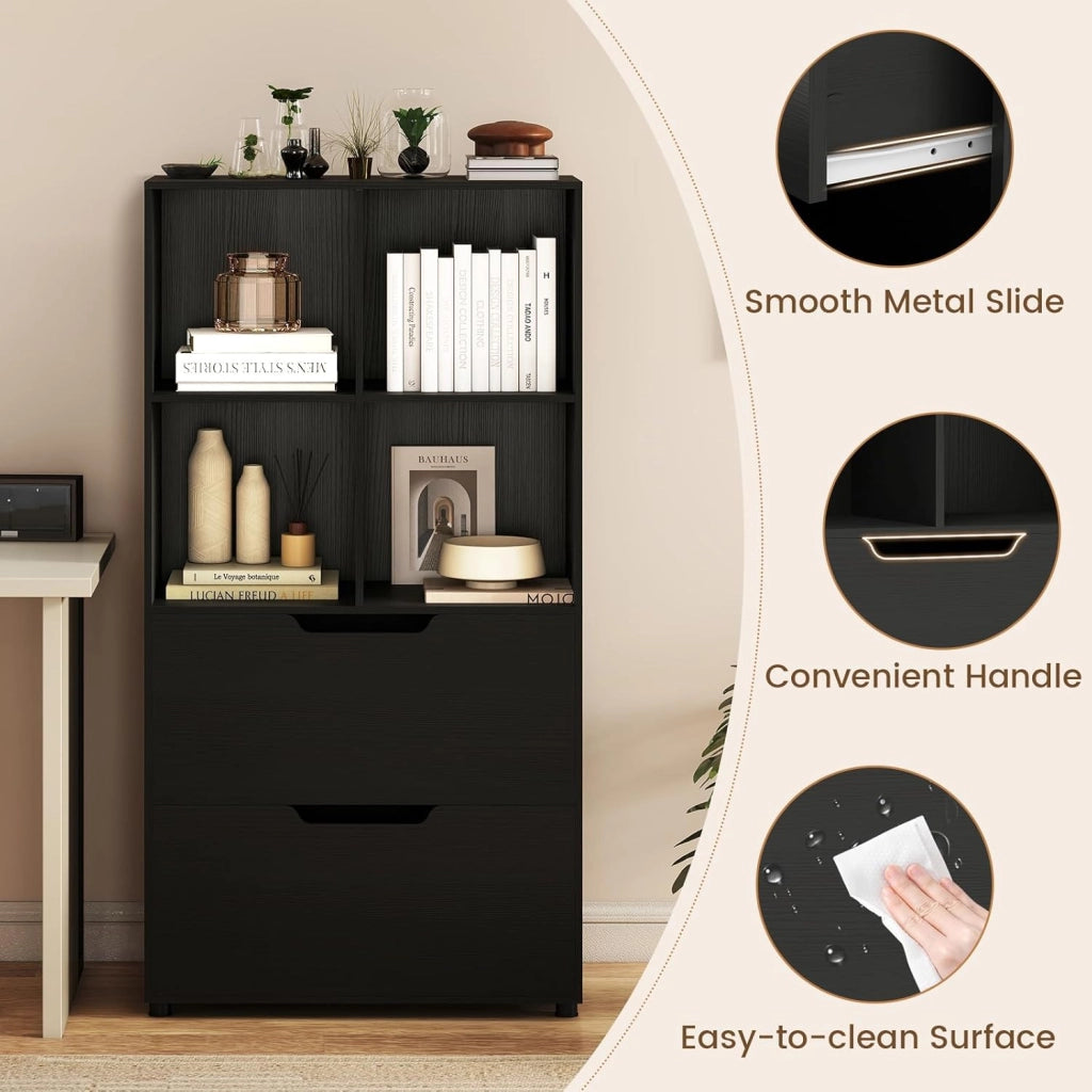 Libreria Scaffale in Legno con 4 Cubi e 2 Cassetti, Libreria Chiusa con Dispositivo Antiribaltamento, Mobile per Soggiorno, Ufficio, Camera da Letto, 70 x 33,5 x 130 cm (Nero)
