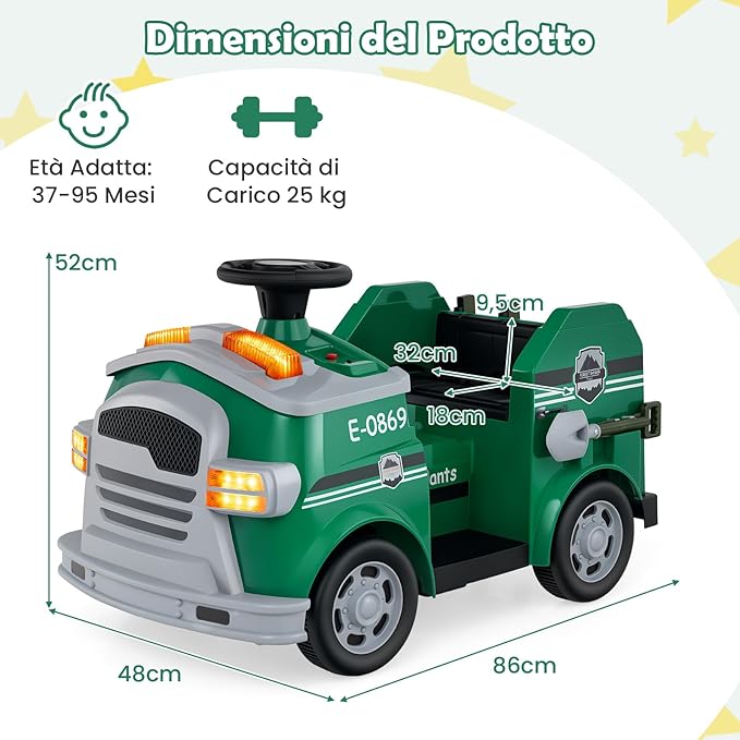Macchina Elettrico per Bambini 12V, Auto Cavalcabile con Pala, Estintore, Scala, Casco di Sicurezza, 4 Ruote, Sirena e Clacson, Camion Realistico dei Pompieri per Bambini 3-8 Anni (Verde)