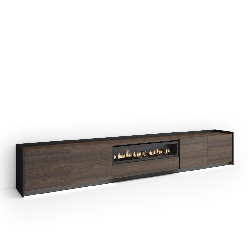 Mobile TV Soggiorno, 310x50x37 cm, Per TV fino a 80", Camino elettrico, LED, Rovere scuro e Nero