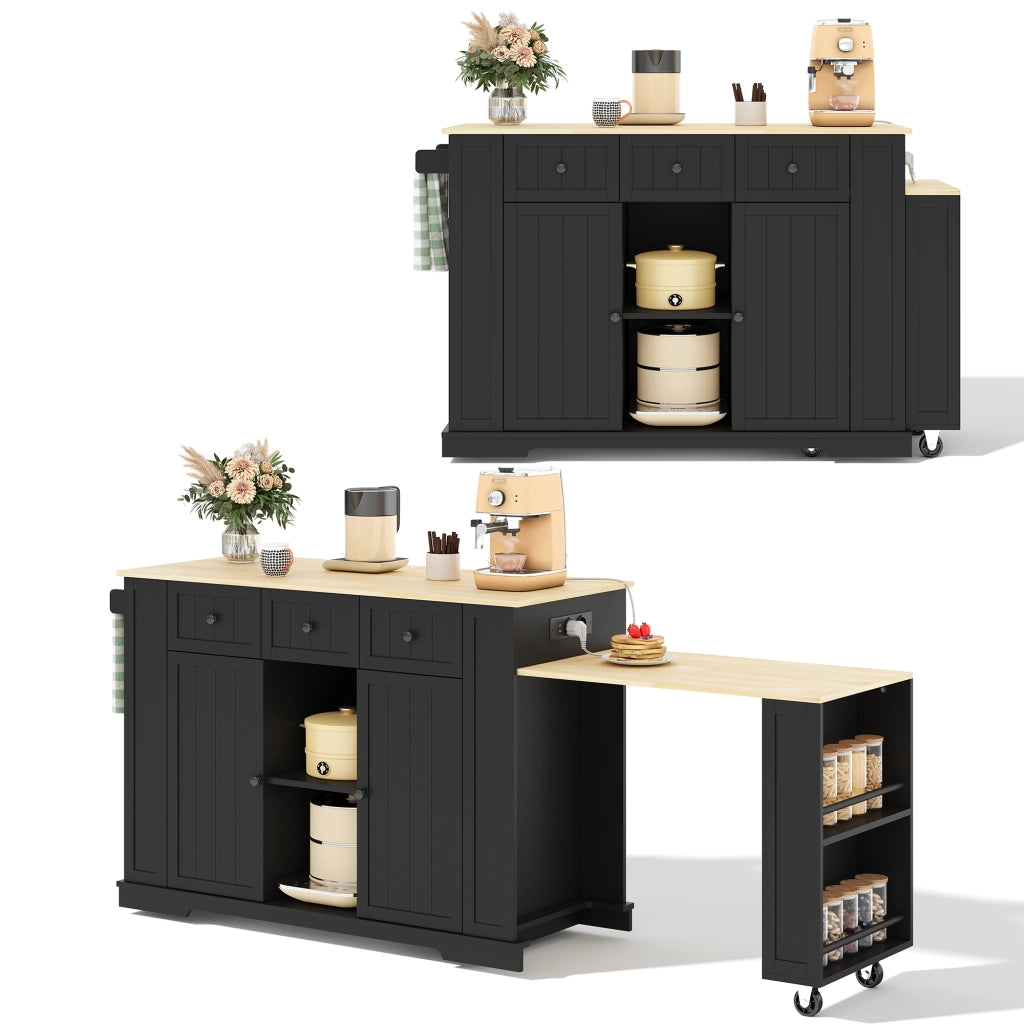 Isola cucina mobile con tavolo estraibile, prese AC e USB, 2 ante, 2 cassetti, 138(213)x55x93 cm
