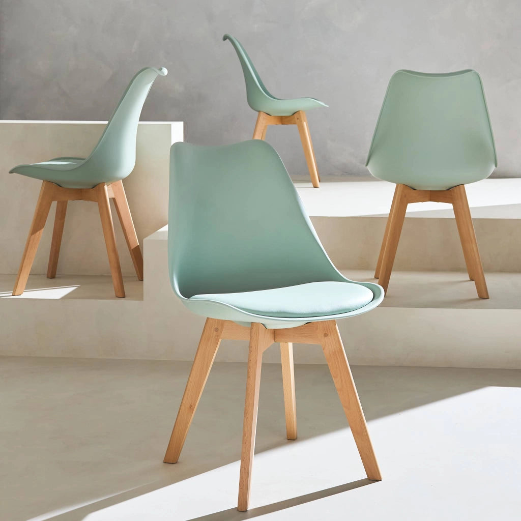 Set 4 sedie scandinave imbottite con gambe in legno , verde celadon