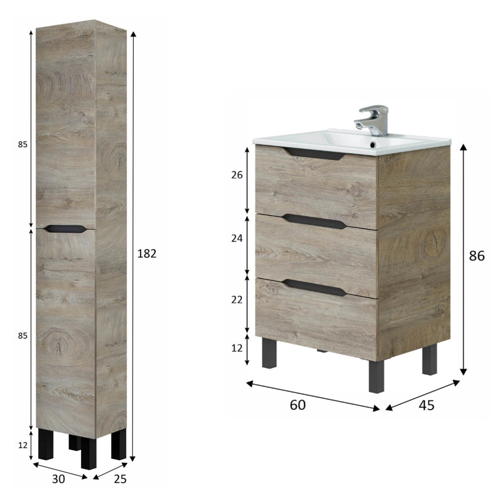 Caleta, set Mobili Bagno 3 Cassetti, Marrone Rovere Grigio