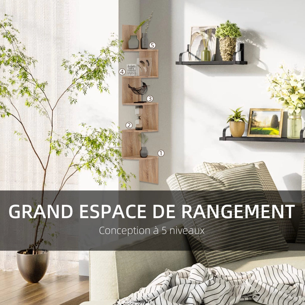 Libreria Angolare a Parete Zigzag 5 Livelli ¨C Zephmum ¨C Legno Rovere 20x20x126 cm