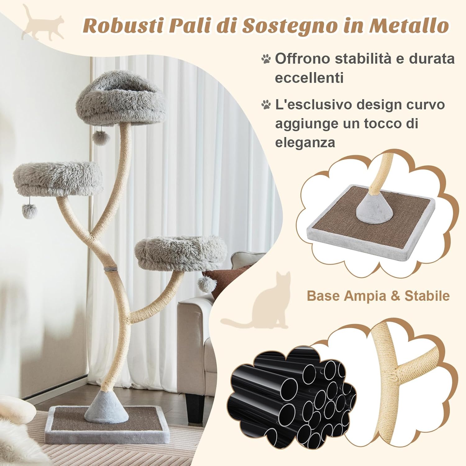 Albero per Gatti Alto 178 cm, Albero Tiragraffi per Gatti con Telaio di Supporto Curvo in Metallo, 3 Cucce Calde e Palline, Pali e Tavoletta Tiragraffi in Sisal, 59 x 59 x 178 cm (Grigio)