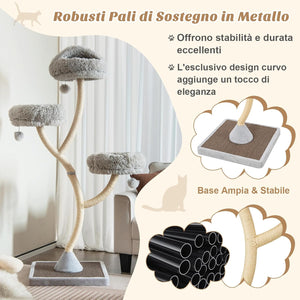 Albero per Gatti Alto 178 cm, Albero Tiragraffi per Gatti con Telaio di Supporto Curvo in Metallo, 3 Cucce Calde e Palline, Pali e Tavoletta Tiragraffi in Sisal, 59 x 59 x 178 cm (Grigio)