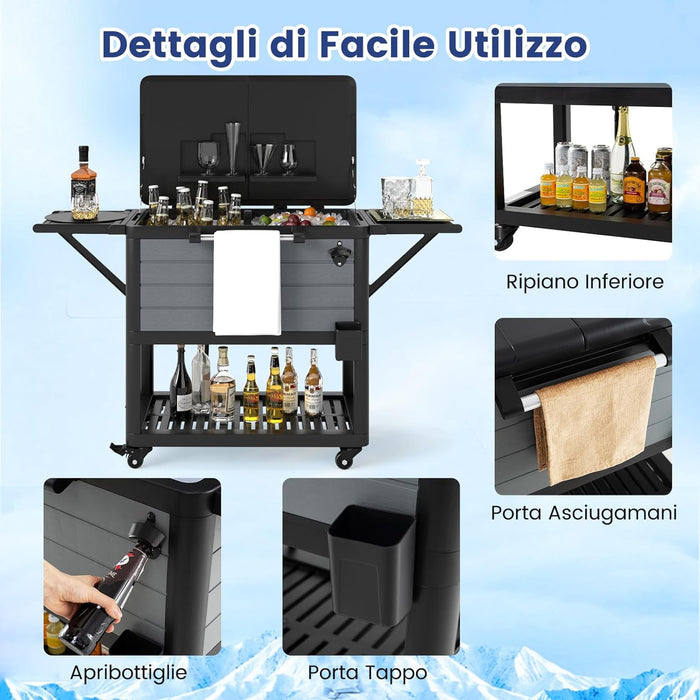 Carrello Porta Ghiaccio su Ruote 83 x 50 x 85 cm, Carrello Refrigerante con Ripiani di Stoccaggio e Apribottiglie, Portata 91 L, Frigorifero Portavivande da Esterno per Feste e Barbecue