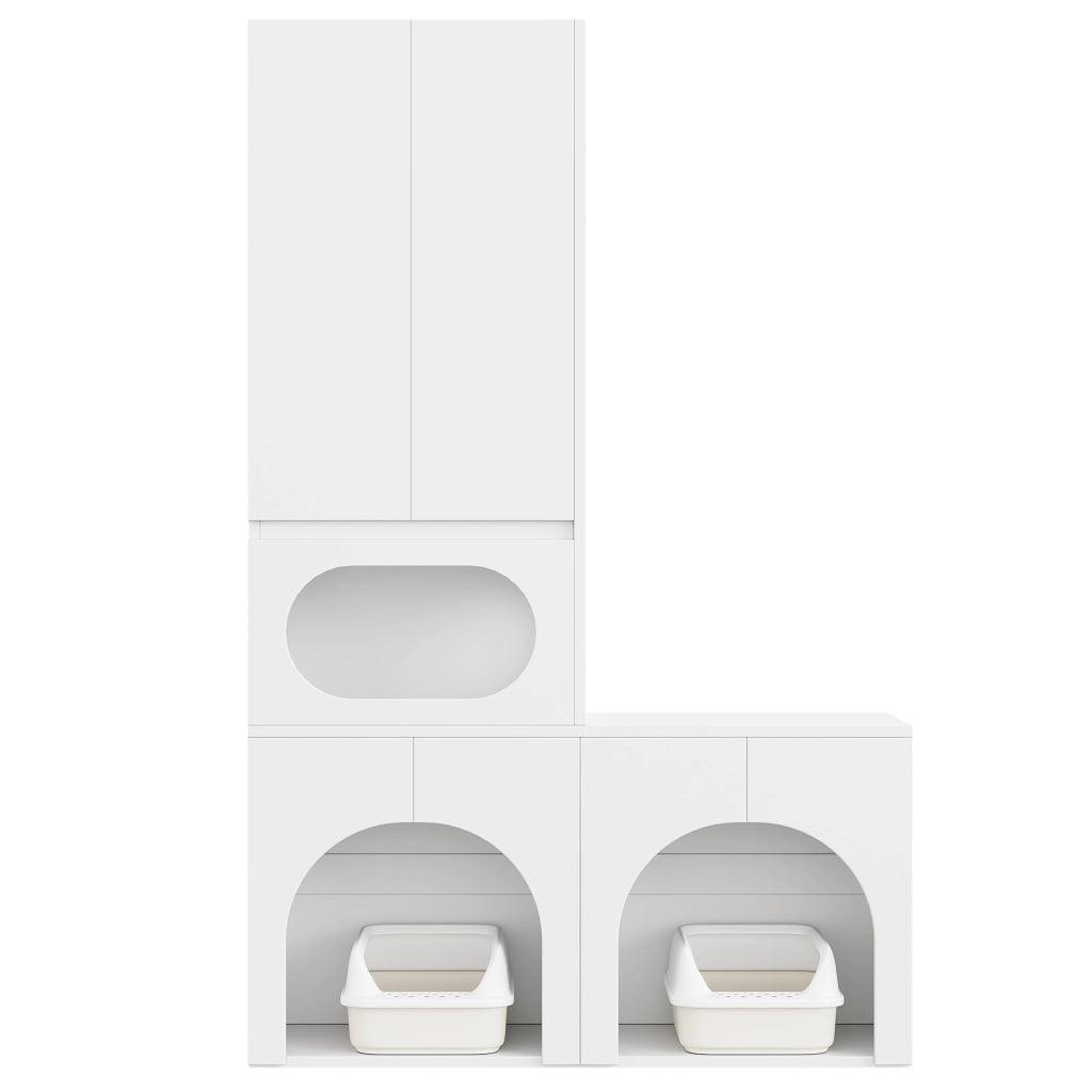 Mobile Lettiera per 2 Gatti 140×45×195 cm con Zona Relax; Armadio Contenitore e Doppio Vano; Bianco