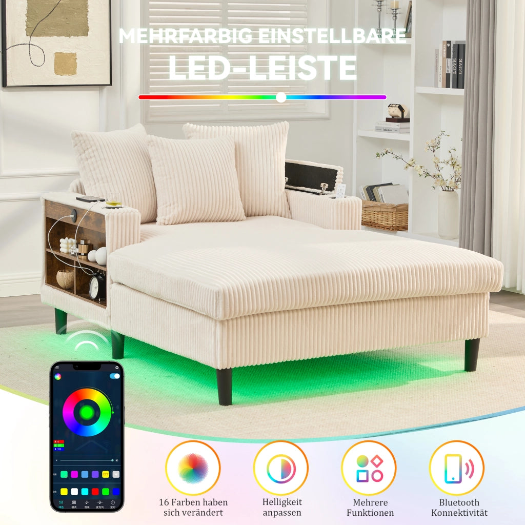 Chaise longue con vano portaoggetti USB LED portabicchieri e cuscini in velluto a coste beige 129 × 170 × 70 cm