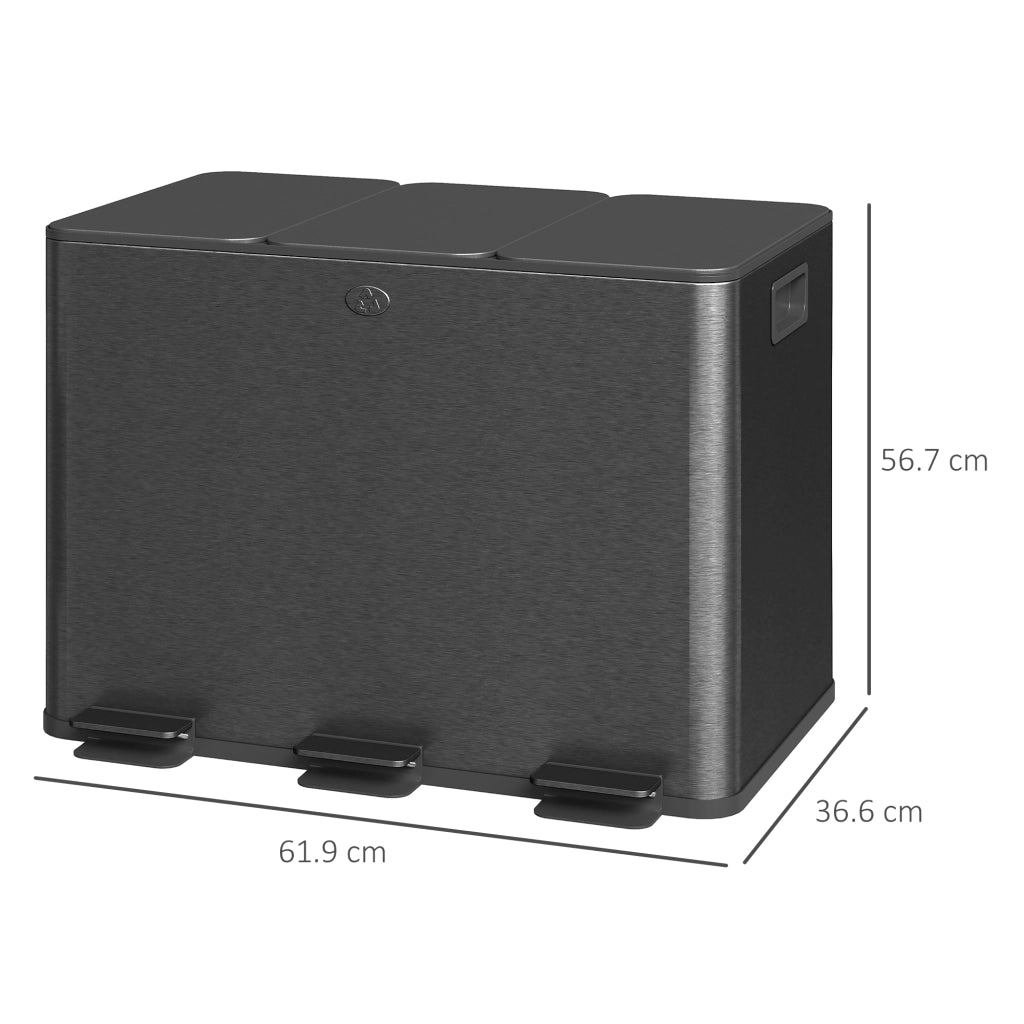 Pattumiera a 3 Sezioni da 20L 61,9x36,6x56,7 cm con Coperchio Silenzioso in Acciaio Inox e PP Nero