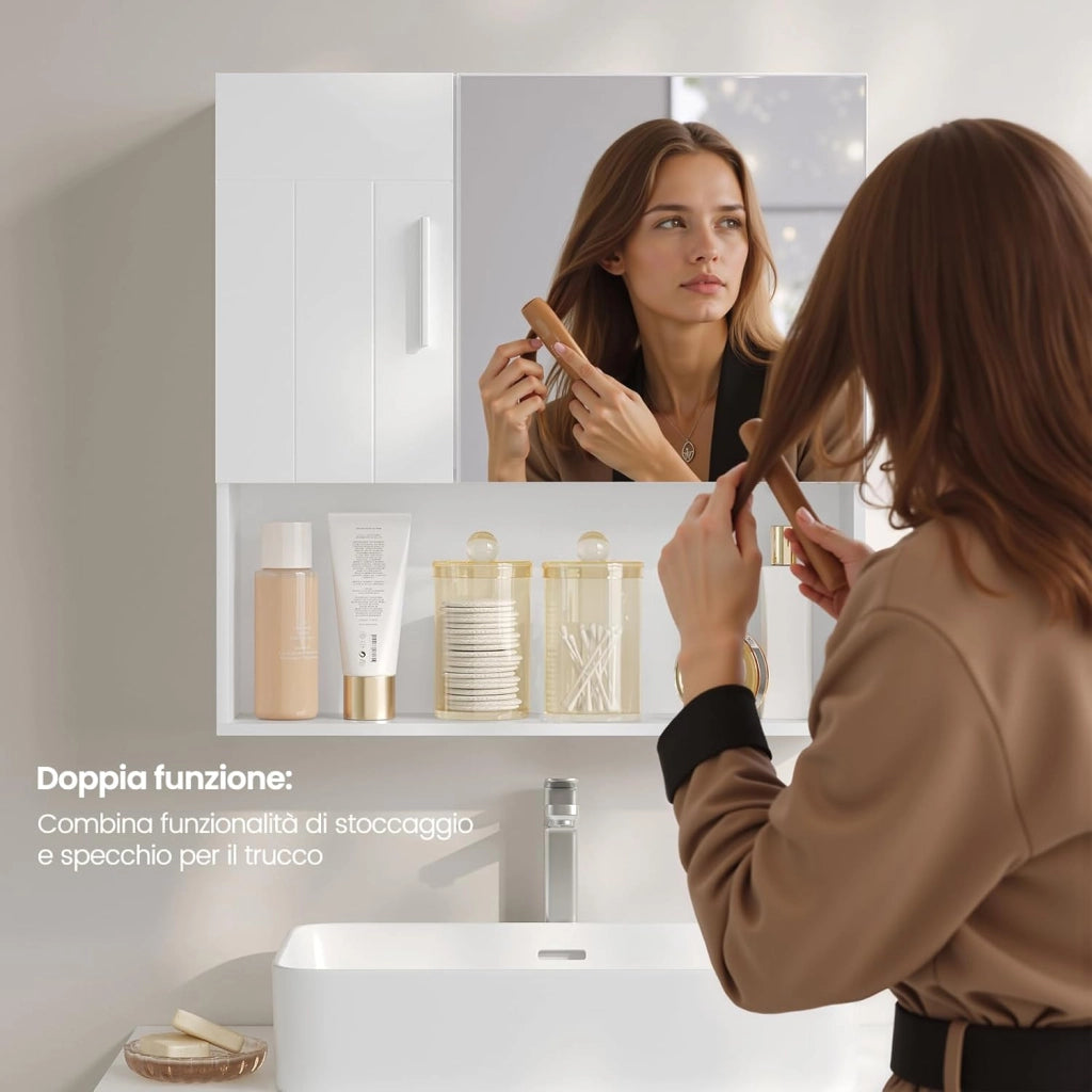 Armadietto da Bagno con Specchio e Anta, Mobiletto Sospeso con 5 Scomparti, Pensile da Cucina, Soggiorno, Camera da Letto, in MDF e Metallo, Bianco