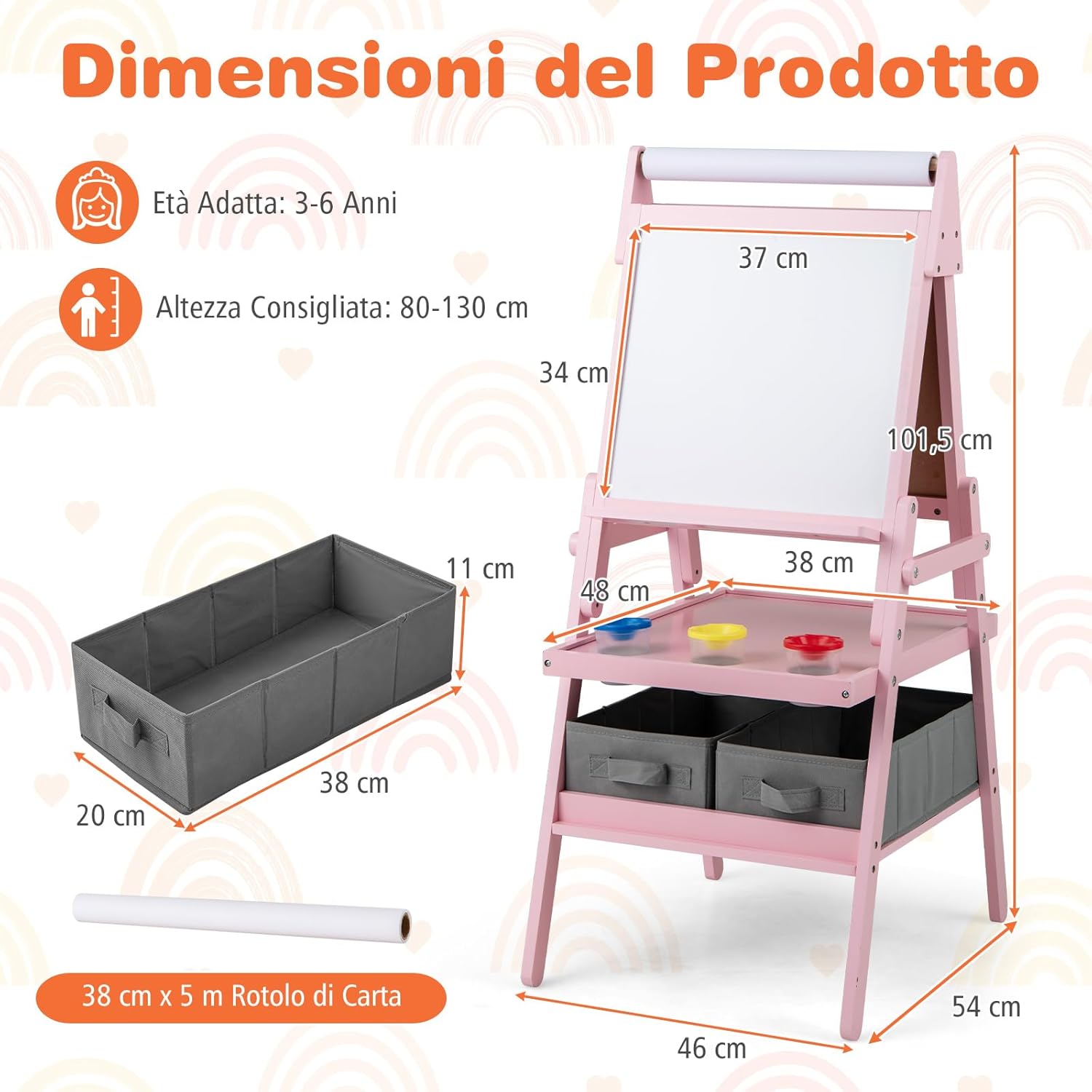 3 in 1 Cavalletto per Bambini, Cavalletto con Doppia Faccia Magnetica e Lavagna Bianca, Rotolo di Carta, 3 Bicchieri per Vernice e 2 Ceste in Tessuto, per Bambini 3-6 Anni (Rosa)