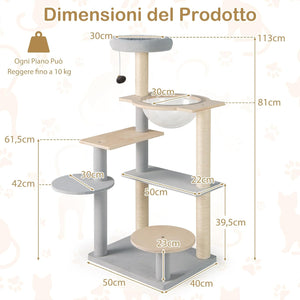 Tiragraffi per Gatto Alto 113 cm con Capsula Spaziale, Albero Tiragraffi Gatti con 4 Pali in Sisal, Piattaforme, Trespolo e Pompon, Torre Gatto in Legno Solido, Naturale e Grigio