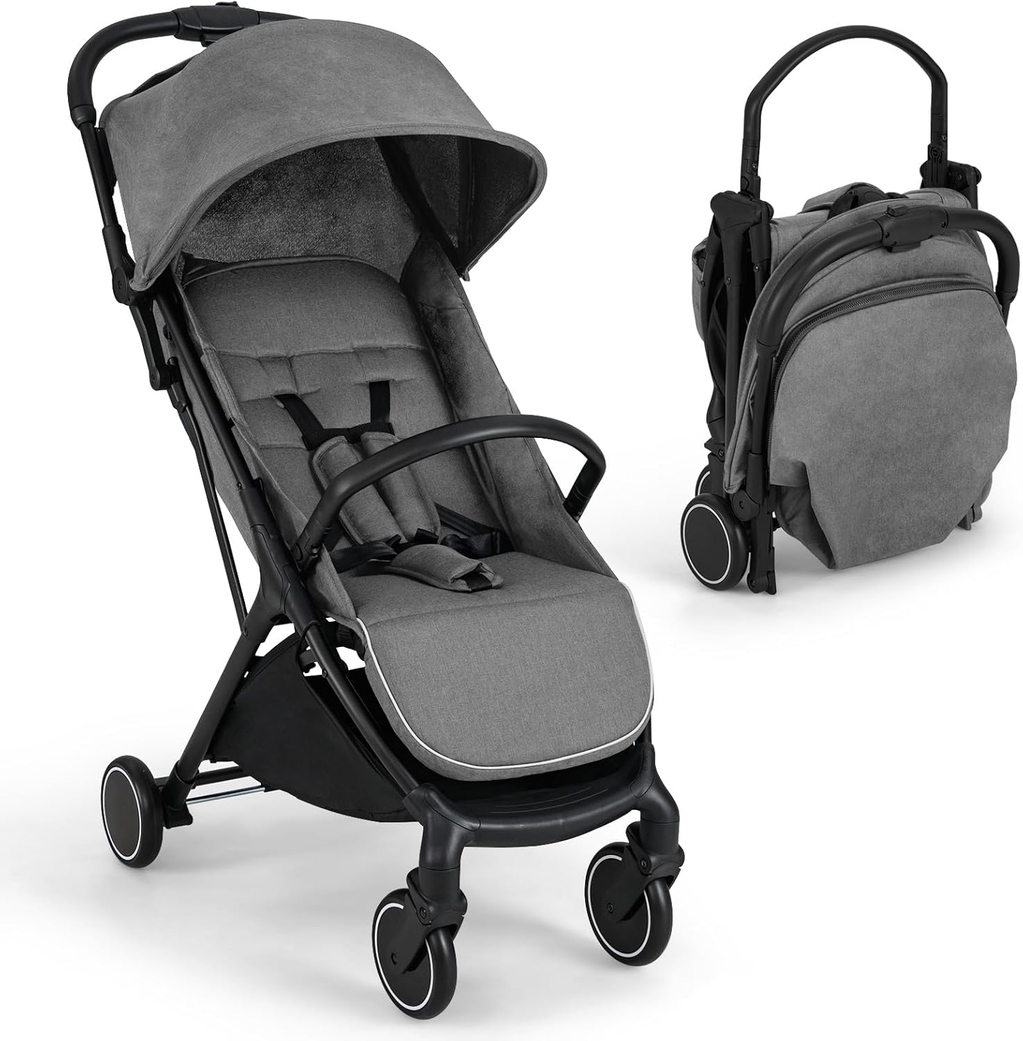 Passeggino Leggero per Bambini, Passeggino da Viaggio con Schienale Regolabile, Passeggino Portatile per Bambini con Schienale Reclinabile e Cappotta Regolabile, per Bambini 0-3 Anni (Grigio)