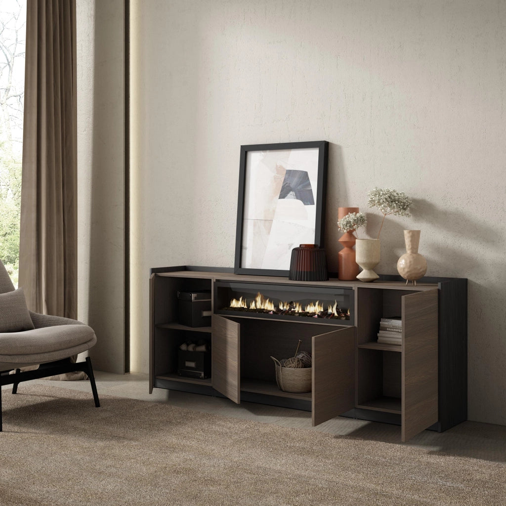 Credenza, Mobile, Cucina, 207x80x37 cm, 4 Porte, Camino elettrico, Rovere scuro e Nero