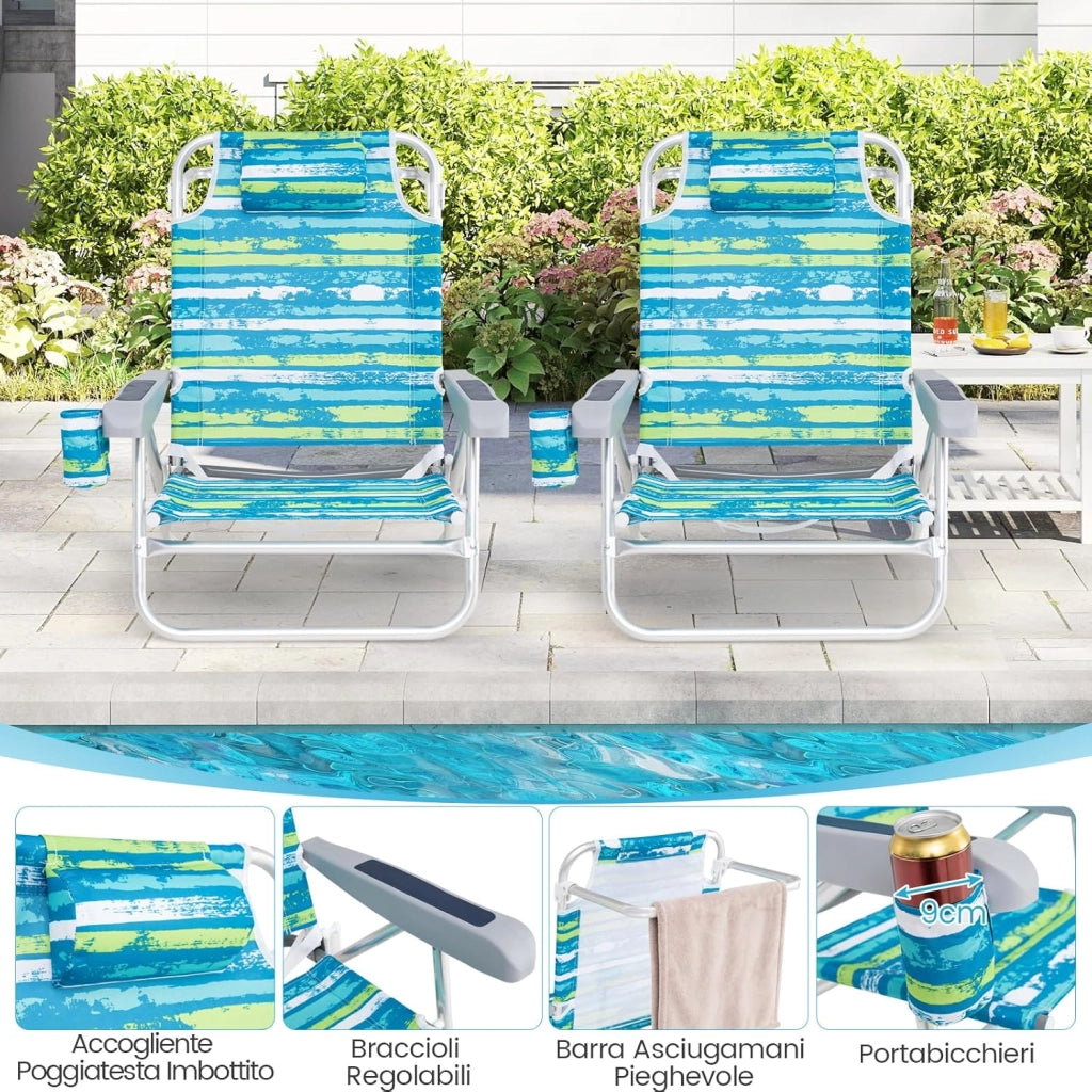 Set di 2 Sedie Pieghevole da Spiaggia, Lounge Sdraio con 5 Posizioni Regolabili, Poltrona da Mare con Cuscino, Porta Asciugamano, Braccioli & Portabicchieri, Portata 150 kg (Verde)