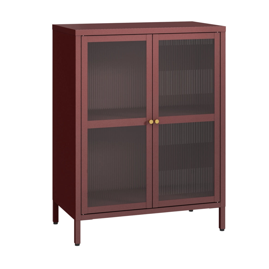 Credenza Säkylä Comò con Ante in Vetro Scanalato 84x64x35 cm Rosso Vino [en.casa]