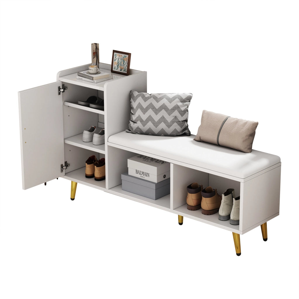 Scarpiera con panca e 3 ripiani regolabili con ante e vano aperto; per ingresso; bianco lucido; 120×35×71.5 cm
