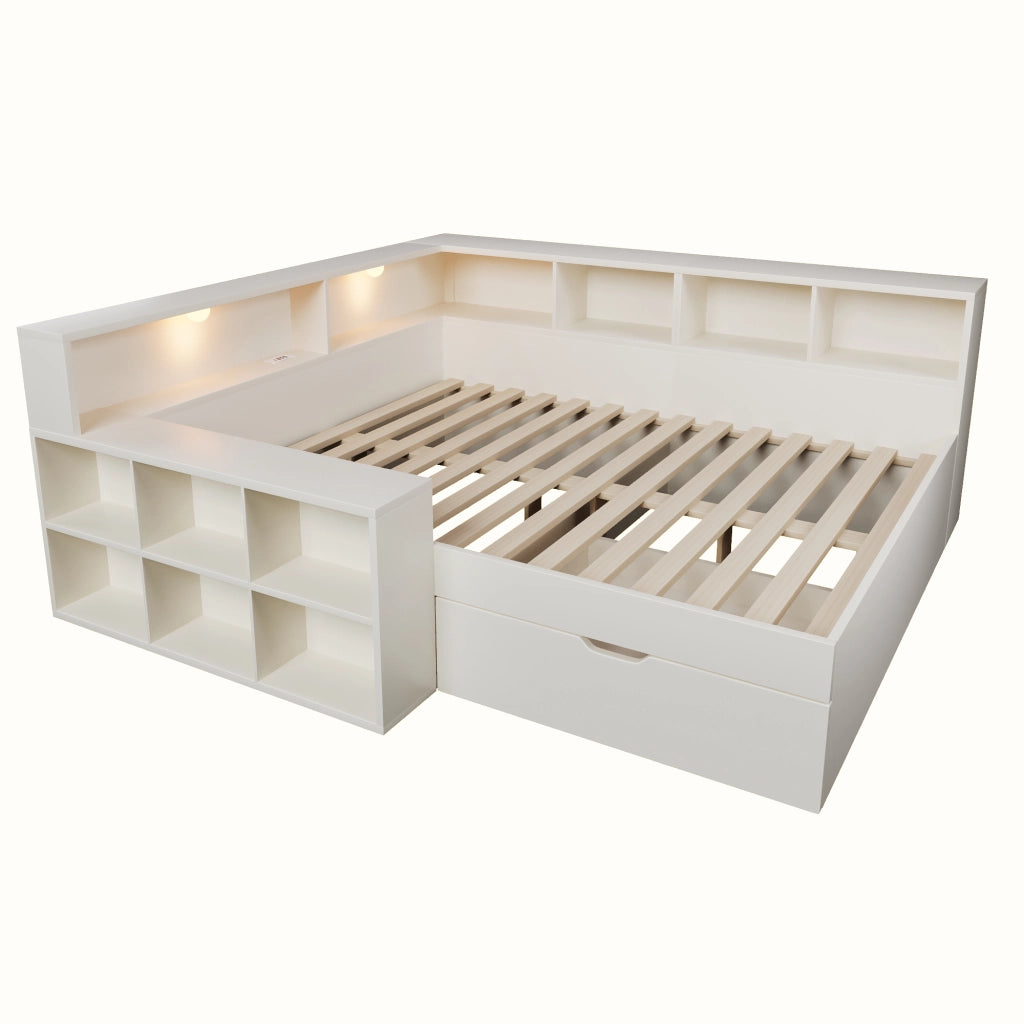 Letto matrimoniale 140x190 cm con cassetti; prese USB e luce; bianco