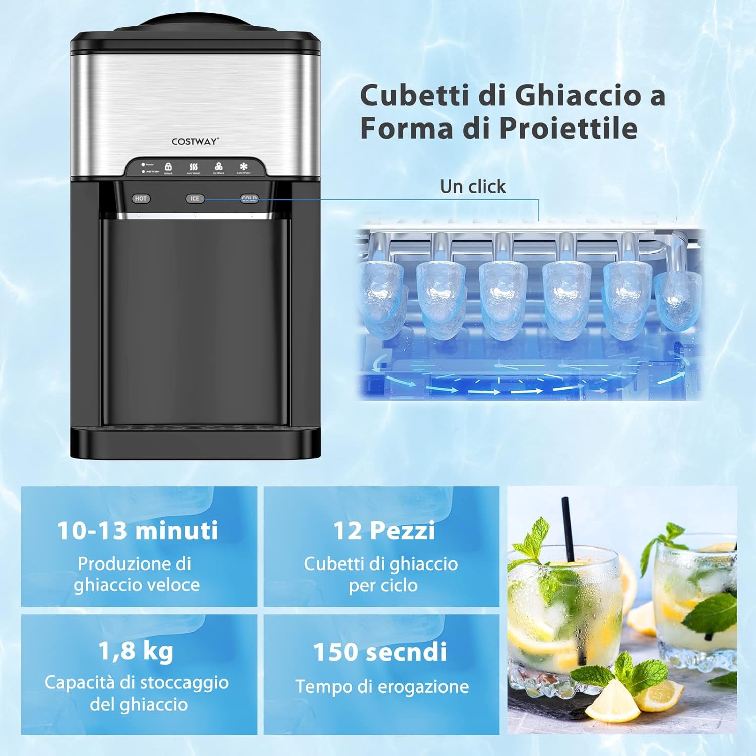 Erogatore Acqua 3 in 1, con Macchina del Ghiaccio, Dispender Acqua con 3 Impostazioni di Temperatura Caldo/Freddo/Ghiaccio, Regge Bottiglie 10-20 L, per Casa Ufficio Dormitorio