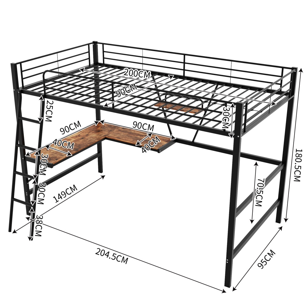 Letto a soppalco 90x200 cm con scrivania a L e mensola; metallo e MDF; nero