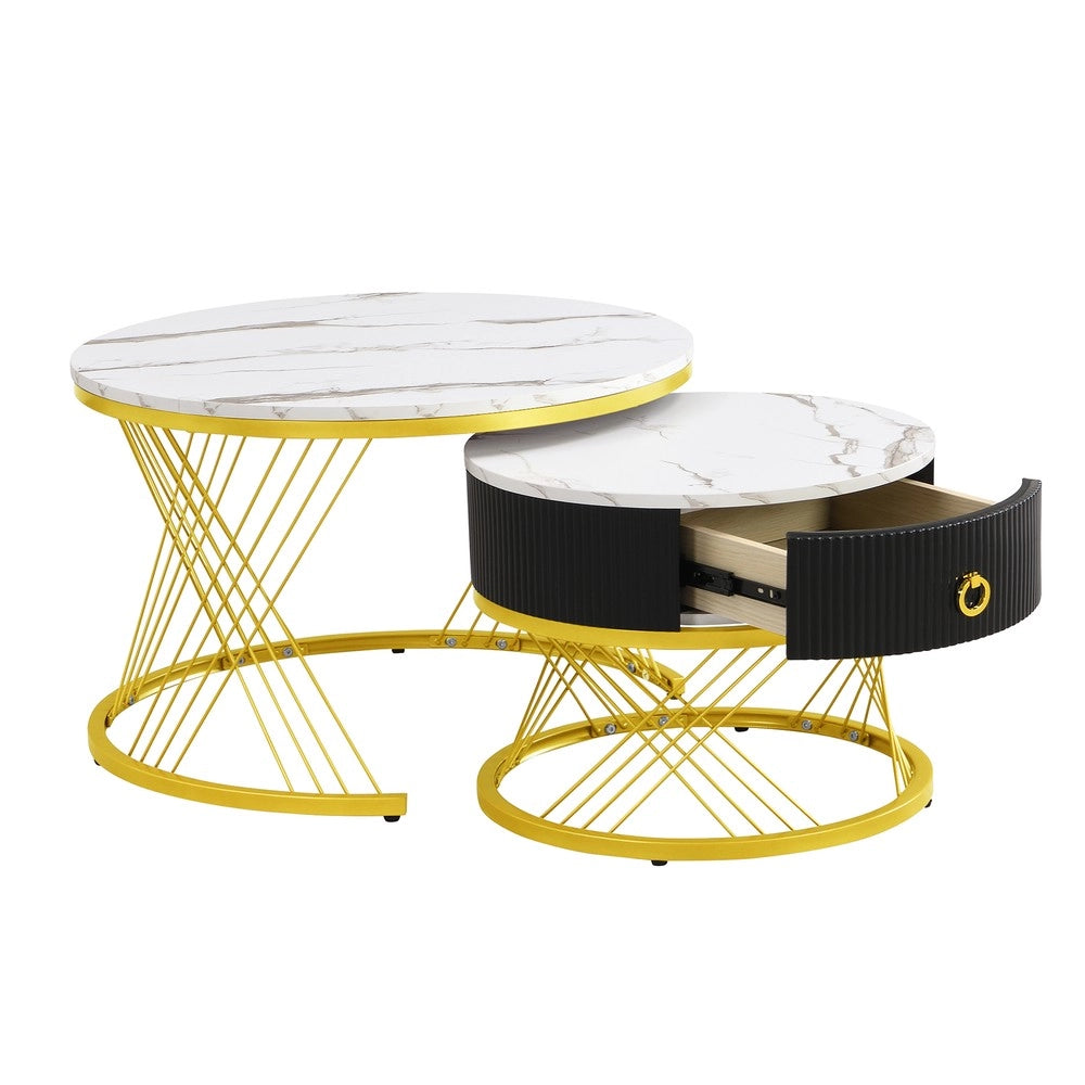 Tavolino da Caff¨¨ Set 2 Pezzi con Cassetti ¨C MINIMAL ¨C Effetto Marmo, Decoro Dorato