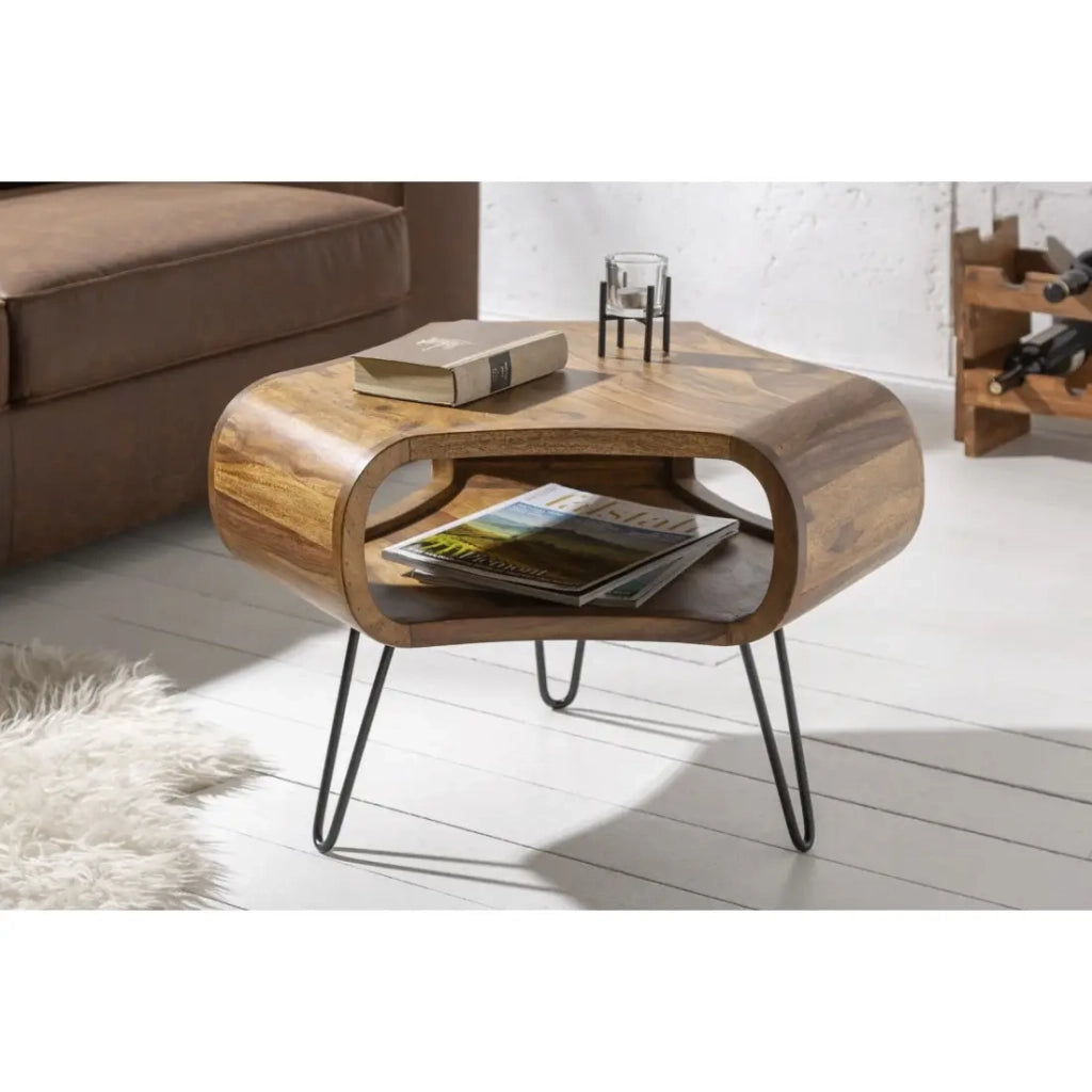 Tavolino basso NERA 70 cm in legno massiccio di Sheesham con nicchia e piedi in metallo nero – stile retro industriale