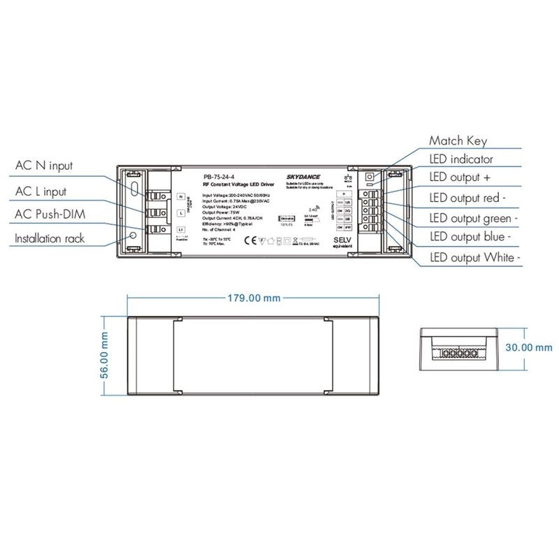 Alimentatore Dimmerabile CV 12V 75W 4 Canali Con Pulsante N.O. e Telecomando RF 2.4G Per Striscia Led PB-75-12-4