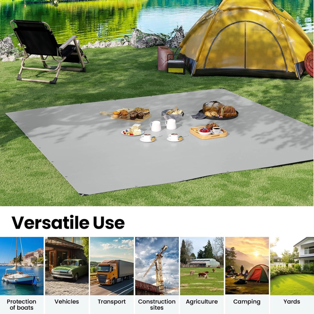Telone Occhiellato Idrorepellente 5x5 m, Telo di Copertura in PE 280 g/m² con Occhielli, Protezione Anti UV e Antipioggia per Barca, Auto, Piscina, Grigio+Nero