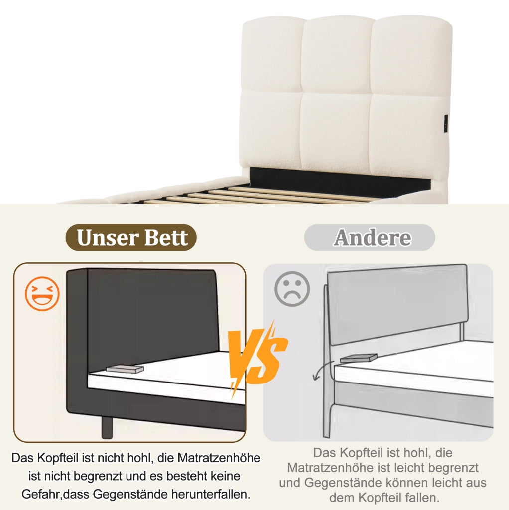 Letto singolo imbottito beige in bouclé con vano contenitore e porta USB Tipo-C
