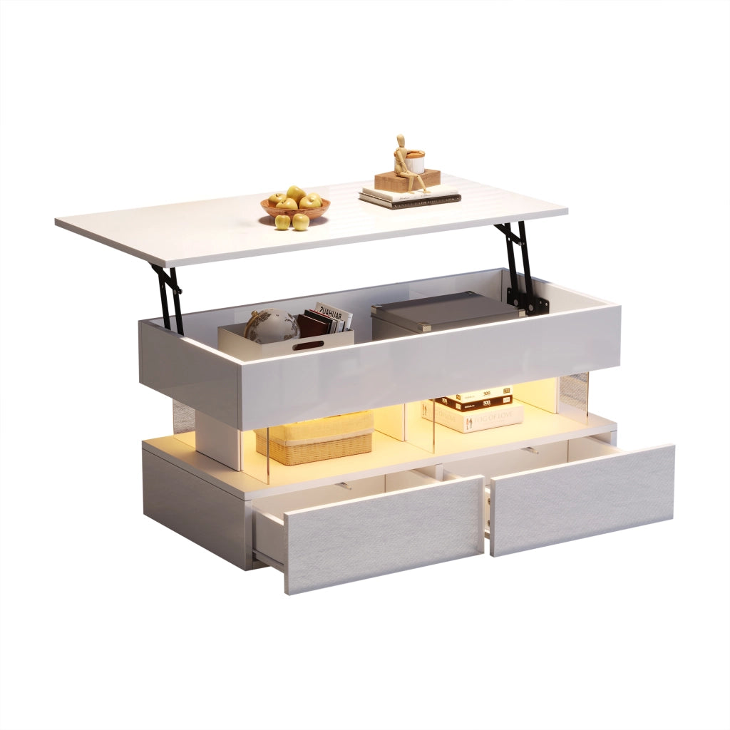 Tavolino basso sollevabile con LED, 2 cassetti e vano nascosto, per soggiorno, 100 × 50 × 46 cm, in MDF, bianco