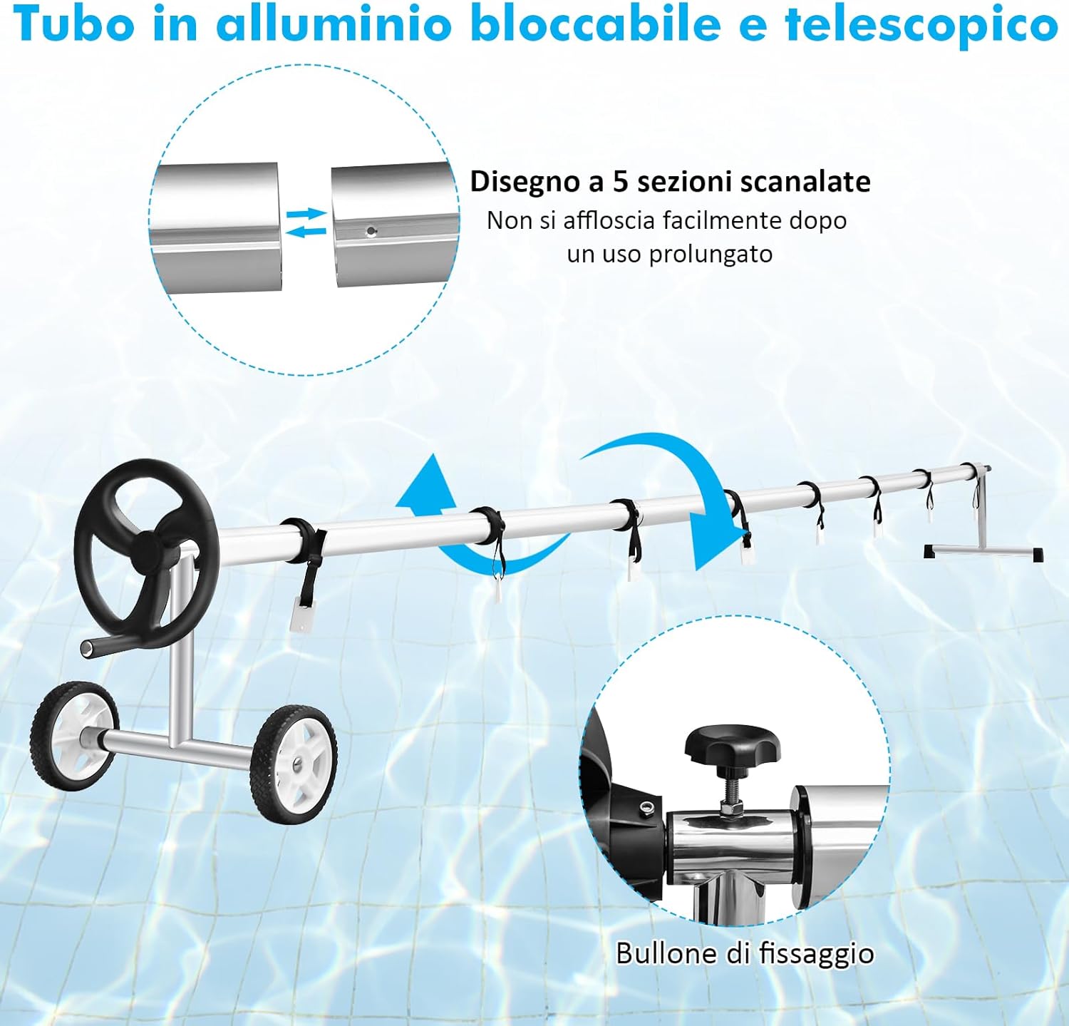 Rullo Avvolgitore per Piscina, Avvolgitore Telo Piscina 7 M Regolabile con Ruote in Gomma, Avvolgitore per Piscina in Alluminio