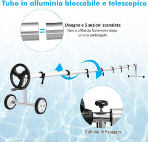 Rullo Avvolgitore per Piscina, Avvolgitore Telo Piscina 7 M Regolabile con Ruote in Gomma, Avvolgitore per Piscina in Alluminio