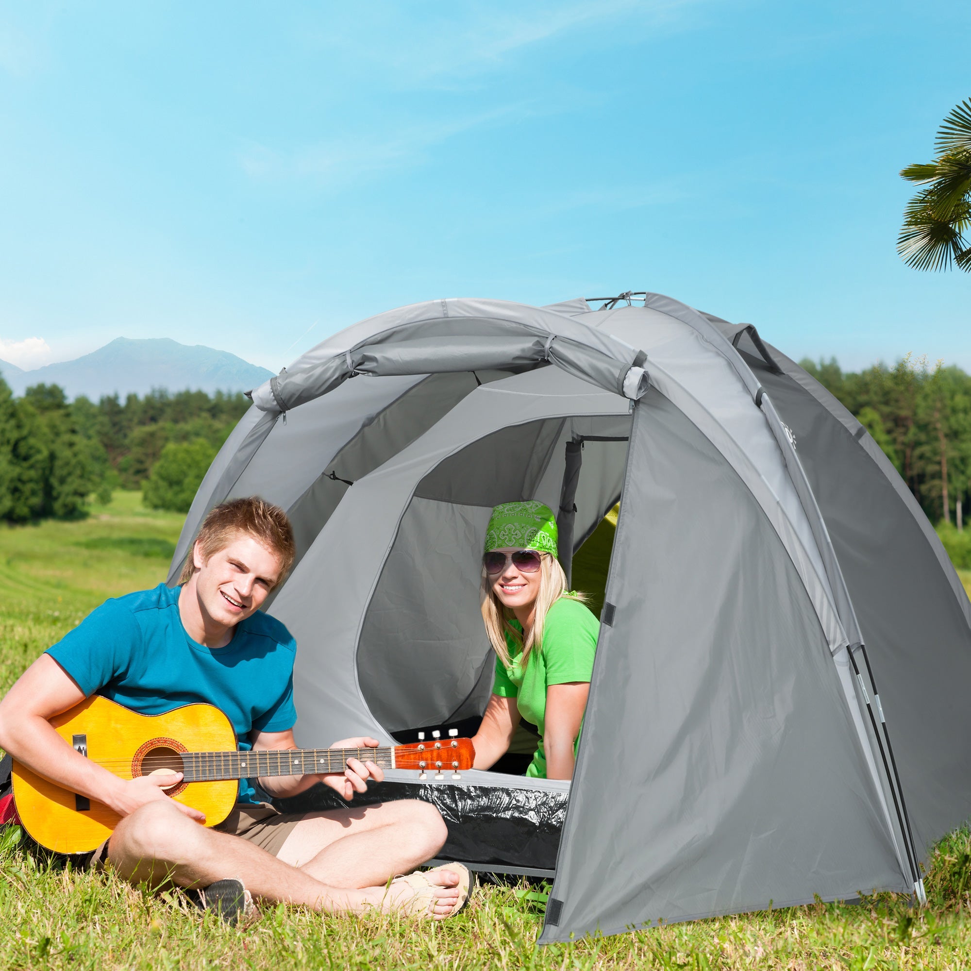 Tenda da Campeggio a Cupola per 2 Persone Estensibile 350x220x145 cm con 4 Porte e 3 Finestre Grigio