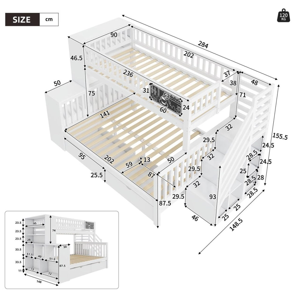 Letto a castello a casetta con lavagna e vani contenitore; 140x200 cm; bianco