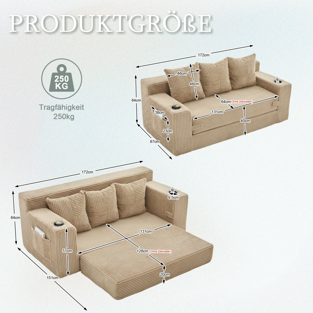 Sofa modulare da pavimento 2 posti 172x87x64 cm in velluto a coste khaki