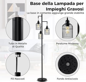 Lampada da Terra Moderna, Lampada da Terra Industriale con 3 Paralumi a Gabbia, Interruttore a Pedale e Base Robusta, Lampada da Salotto, Camera da Letto e Studio [Classe di efficienza energetica A]