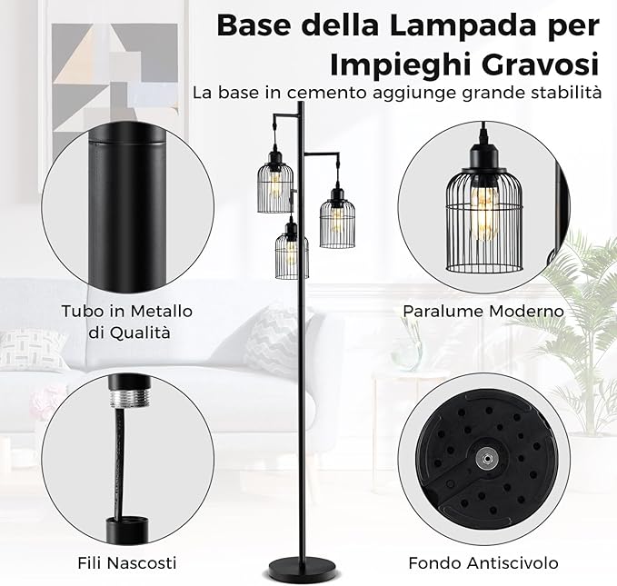 Lampada da Terra Moderna, Lampada da Terra Industriale con 3 Paralumi a Gabbia, Interruttore a Pedale e Base Robusta, Lampada da Salotto, Camera da Letto e Studio [Classe di efficienza energetica A]