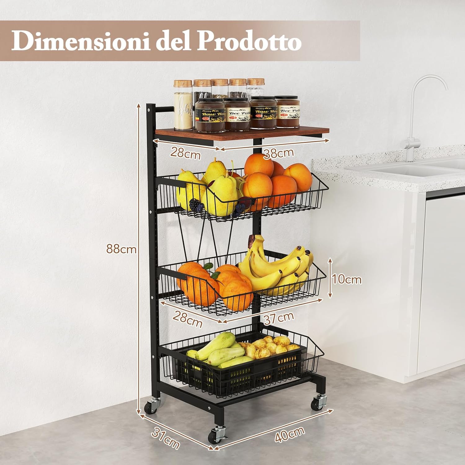 Carrello da Cucina con Ruote, Cestini Portaoggetti per Frutta e Verdura con Cestini Regolabili in Altezza e Rimovibili, Carrello Portafrutta a 4 Piani, Piano in Legno, 40x31x88 cm