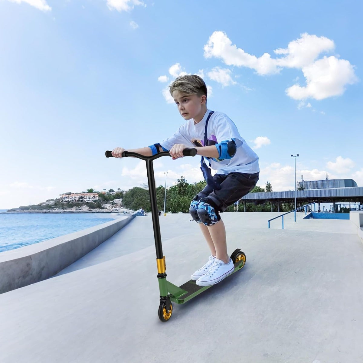 Scooter acrobatico per bambini con 2 ruote pu e ampia pedana in alluminio, Scooter pro per trucchi da strada Verde-Monopattini