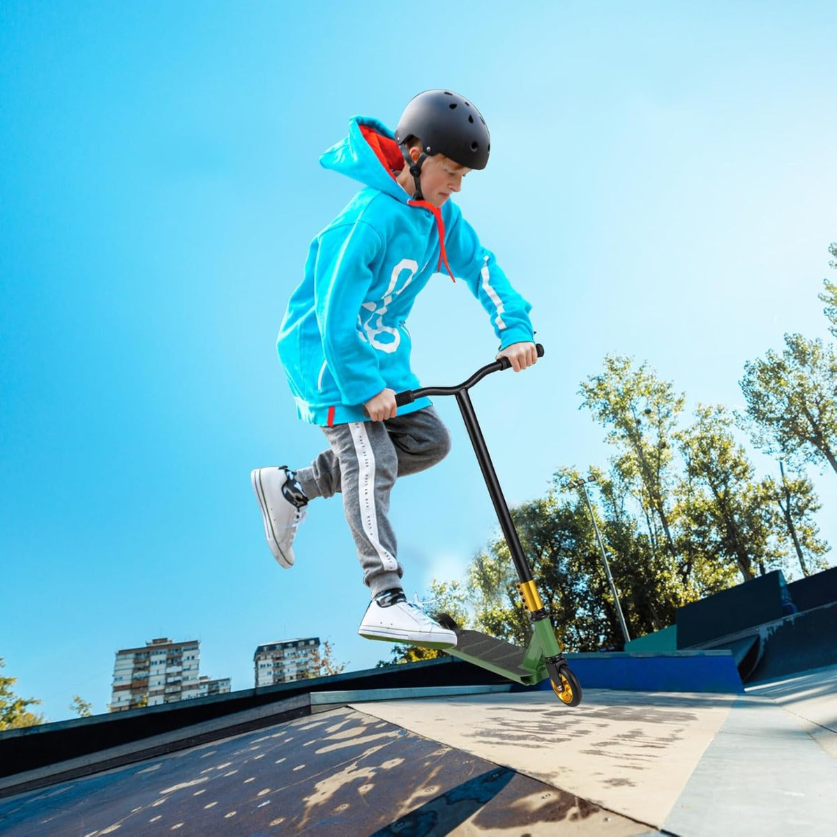 Scooter acrobatico per bambini con 2 ruote pu e ampia pedana in alluminio, Scooter pro per trucchi da strada Verde-Monopattini