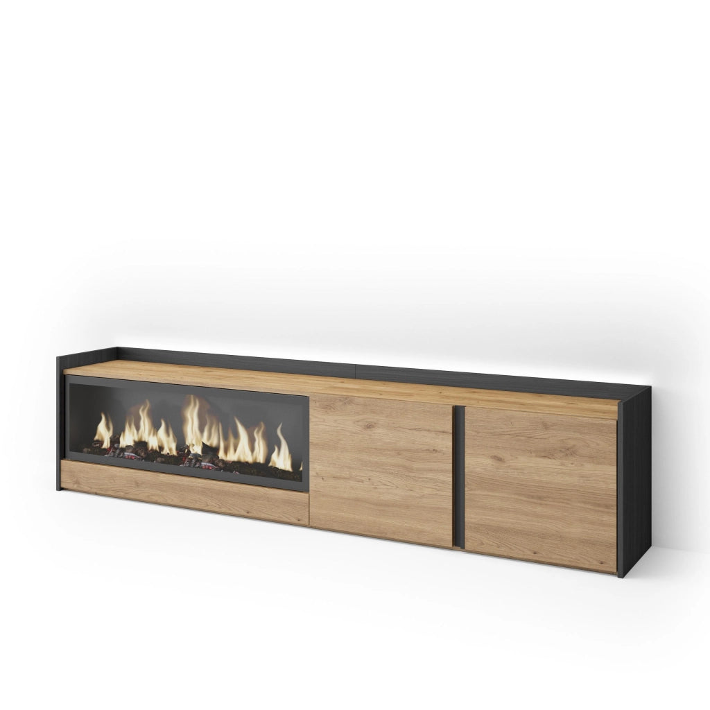 Mobile TV Soggiorno, 212x50x35 cm, Per TV fino a 80", Camino elettrico XXL, LED, Rovere e nero